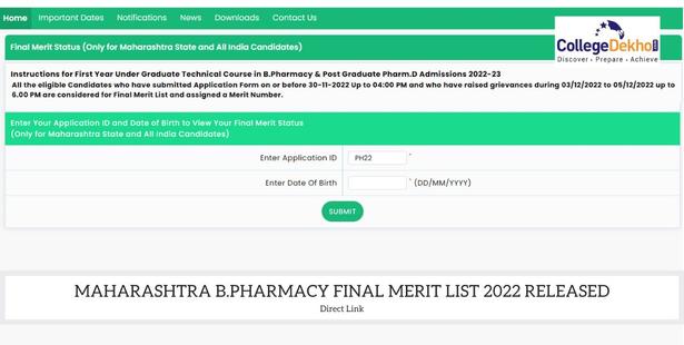 Maharashtra B.Pharmacy Final Merit List 2022