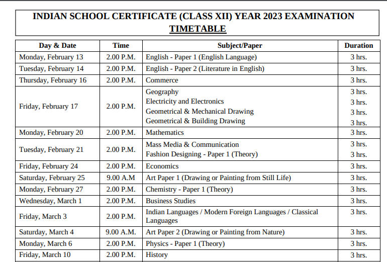 ISC Time Table 2023 (Out) Download ISC Board Date Sheet Class 12 PDF