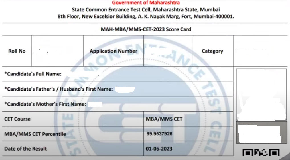 MAH MBA CET 2023 Scorecard Sample